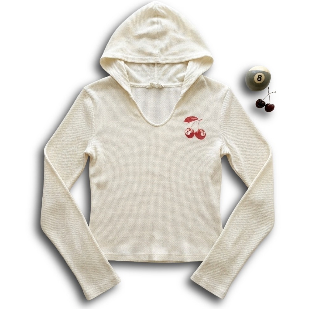 Pink Republic Cream Waffle Knit Thermal Hoodie 8 Ball Cherry Graphic Womens M
